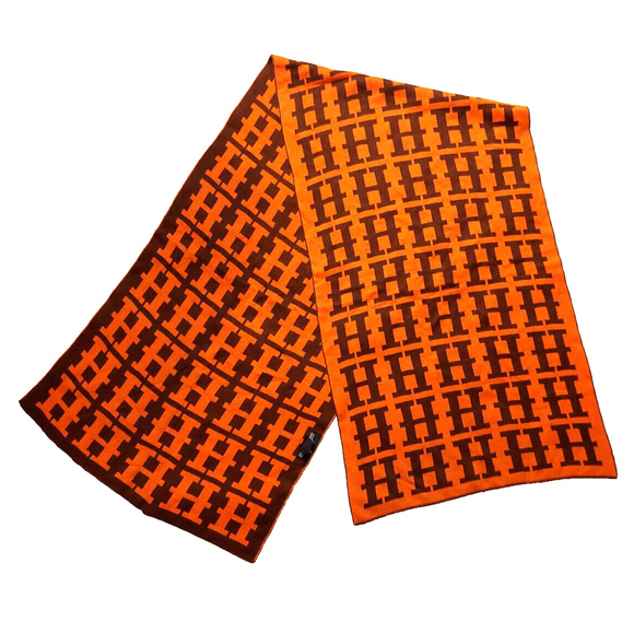 HERMÈS Iconic Brown & Orange Reversibile H Print Wool Scarf Pre-owned - Picture 2 of 16